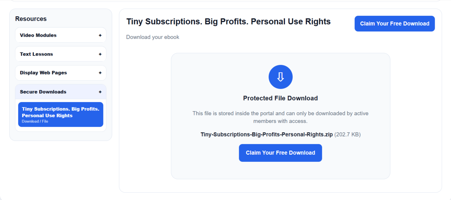 Member Portal Builder protected download screen inside the member dashboard