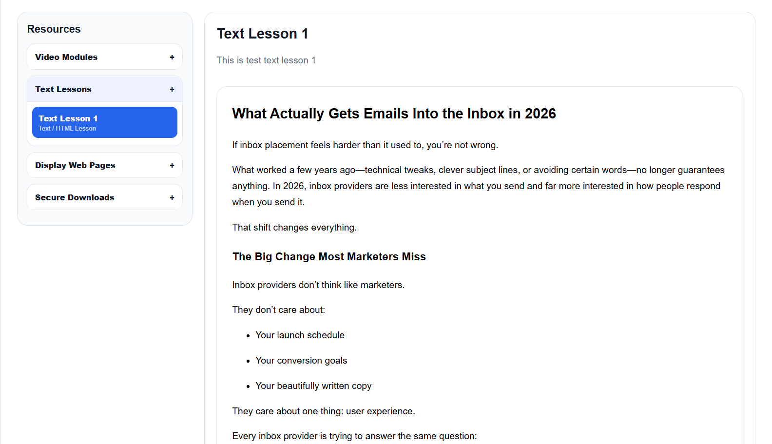 Member Portal Builder text lesson displayed inside the member dashboard